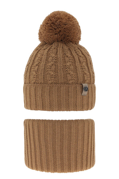 Boy's winter set: hat and tube scarf camel with pompom Almond