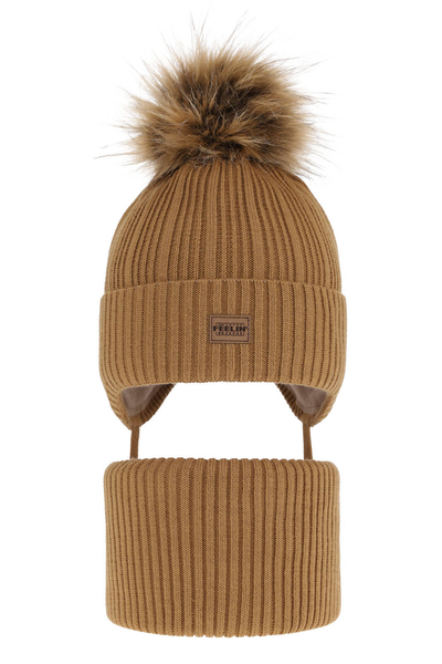 Boy's winter set: hat and tube scarf camel with pompom Eger