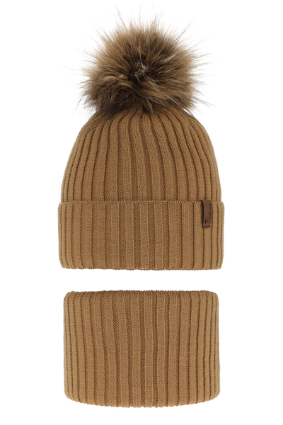 Boy's winter set: hat and tube scarf camel with pompom Onyks