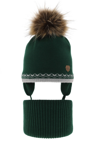 Boy's winter set: hat and tube scarf green Elpis with pompom