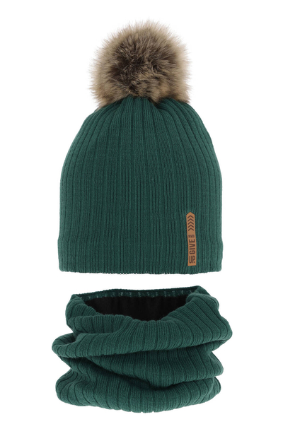 Boy's winter set: hat and tube scarf green Kalen with pompom