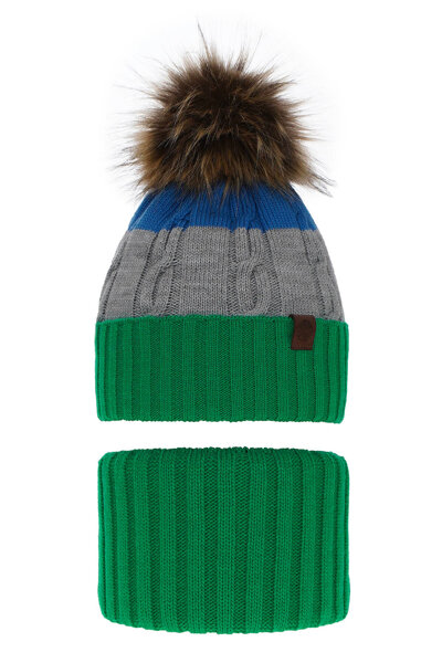 Boy's winter set: hat and tube scarf green Karmel with pompom