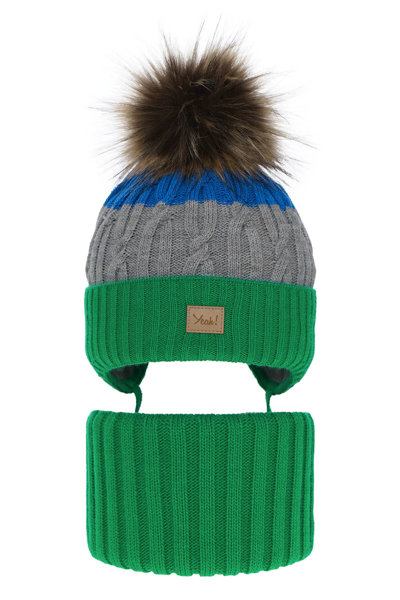 Boy's winter set: hat and tube scarf green Maxwell with pompom