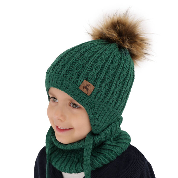 Boy's winter set: hat and tube scarf green Pago with pompom