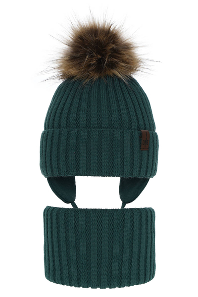 Boy's winter set: hat and tube scarf green Puzel with pompom