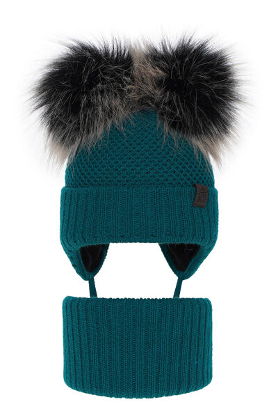 Boy's winter set: hat and tube scarf green Randel with two pompom