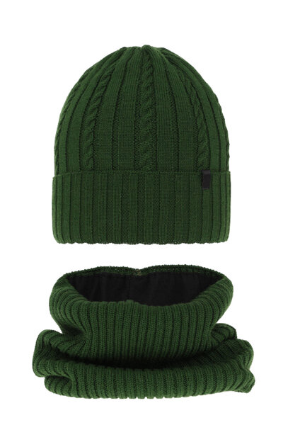 Boy's winter set: hat and tube scarf green merino wool Kairo