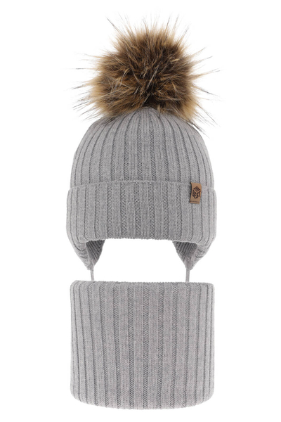 Boy's winter set: hat and tube scarf, grey, 100% extra fine merino wool Juno