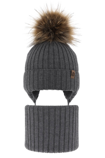 Boy's winter set: hat and tube scarf, grey, 100% extra fine merino wool Juno