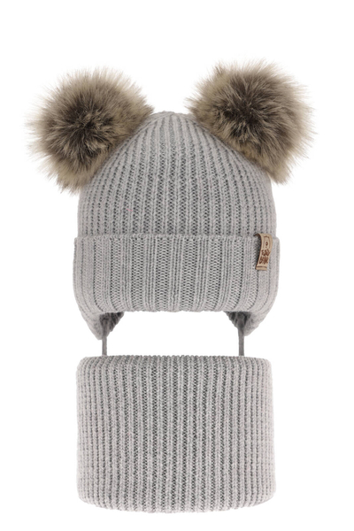 Boy's winter set: hat and tube scarf grey 100% extra fine merino wool Konor