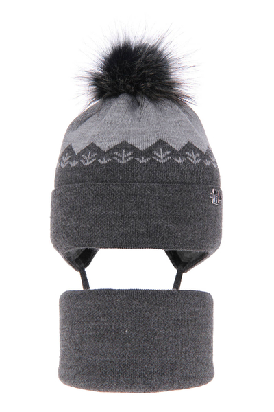 Boy's winter set: hat and tube scarf grey Awers with pompom