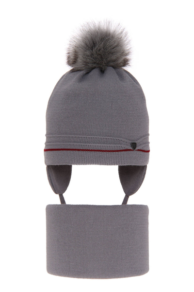 Boy's winter set: hat and tube scarf grey Burgund with pompom