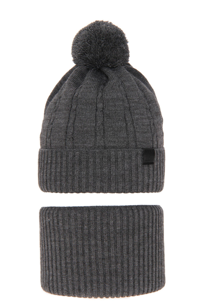 Boy's winter set: hat and tube scarf grey Deny with pompom