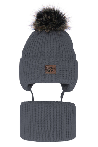 Boy's winter set: hat and tube scarf grey Denzel with pompom