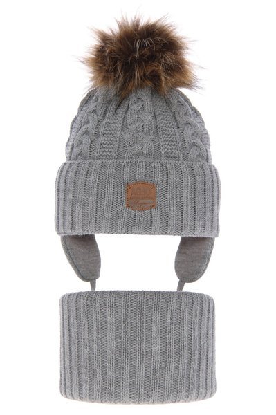 Boy's winter set: hat and tube scarf grey Duet with pompom 