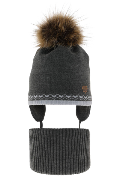 Boy's winter set: hat and tube scarf grey Elpis with pompom