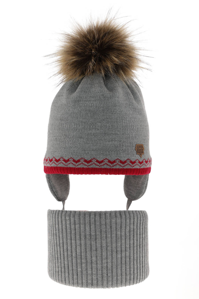 Boy's winter set: hat and tube scarf grey Elpis with pompom