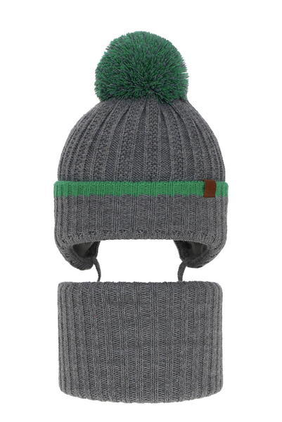 Boy's winter set: hat and tube scarf grey Franklin with pompom