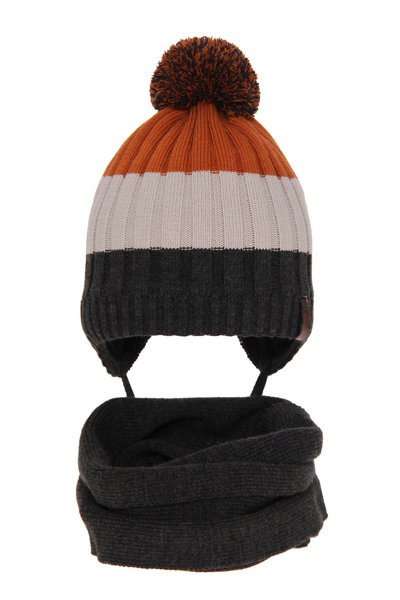 Boy's winter set: hat and tube scarf grey Hary with pompom