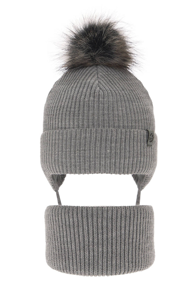 Boy's winter set: hat and tube scarf grey Honed with pompom