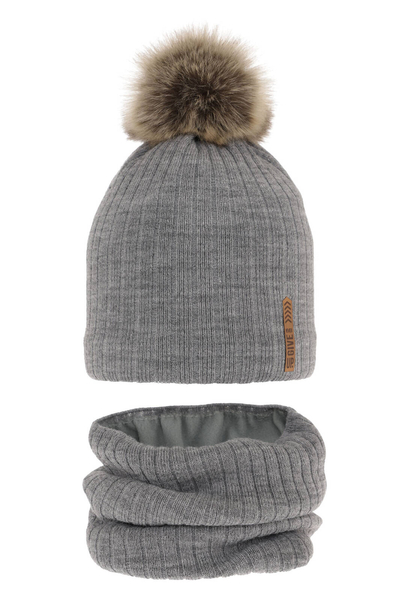 Boy's winter set: hat and tube scarf grey Kalen with pompom