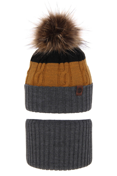 Boy's winter set: hat and tube scarf grey Karmel with pompom