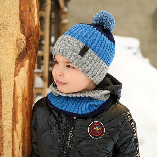 Boy's winter set: hat and tube scarf grey Karson with pompom