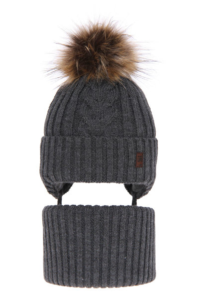 Boy's winter set: hat and tube scarf grey Kongo with pompom