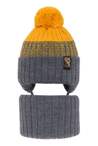 Boy's winter set: hat and tube scarf grey Kongo with pompom