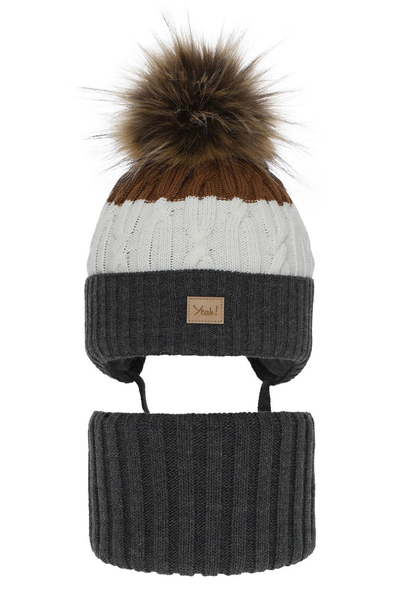 Boy's winter set: hat and tube scarf grey Maxwell with pompom