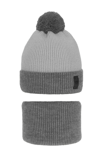 Boy's winter set: hat and tube scarf grey Raspi with pompom