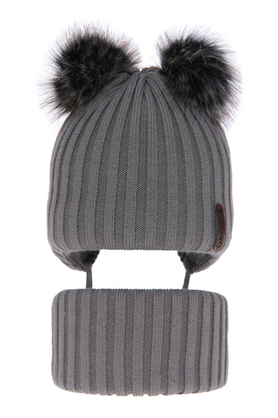 Boy's winter set: hat and tube scarf grey Sid with two pompom