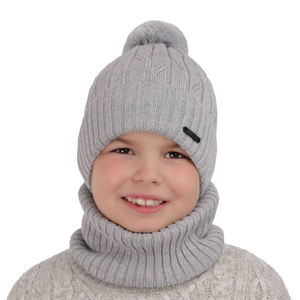 Boy's winter set: hat and tube scarf grey Talar with pompom