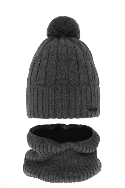 Boy's winter set: hat and tube scarf grey Talar with pompom