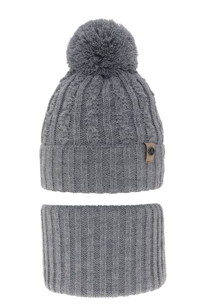 Boy's winter set: hat and tube scarf grey with pompom Almond