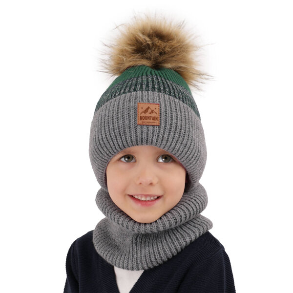 Boy's winter set: hat and tube scarf grey with pompom Buffalo