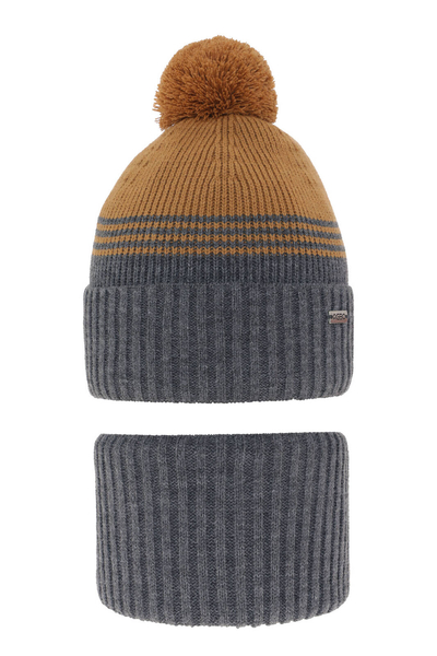 Boy's winter set: hat and tube scarf grey with pompom Pallas