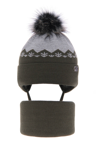 Boy's winter set: hat and tube scarf khaki Awers with pompom