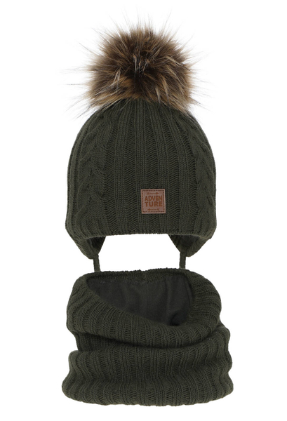 Boy's winter set: hat and tube scarf khaki Casper with pompom