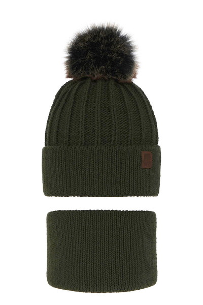 Boy's winter set: hat and tube scarf khaki Havier with pompom