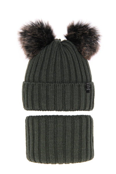 Boy's winter set: hat and tube scarf khaki Largo with two pompom