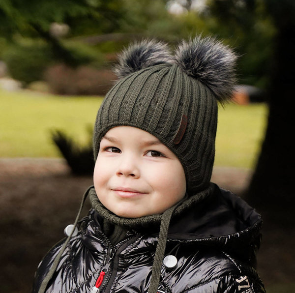 Boy's winter set: hat and tube scarf khaki Sid with two pompom