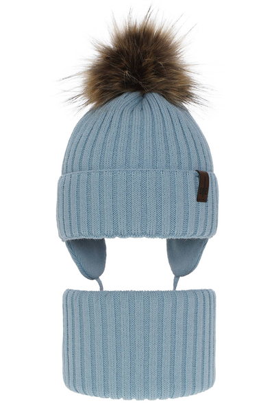 Boy's winter set: hat and tube scarf light blue Puzel with pompom