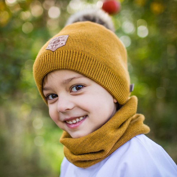 Boy's winter set: hat and tube scarf mustard Apolin with pompom