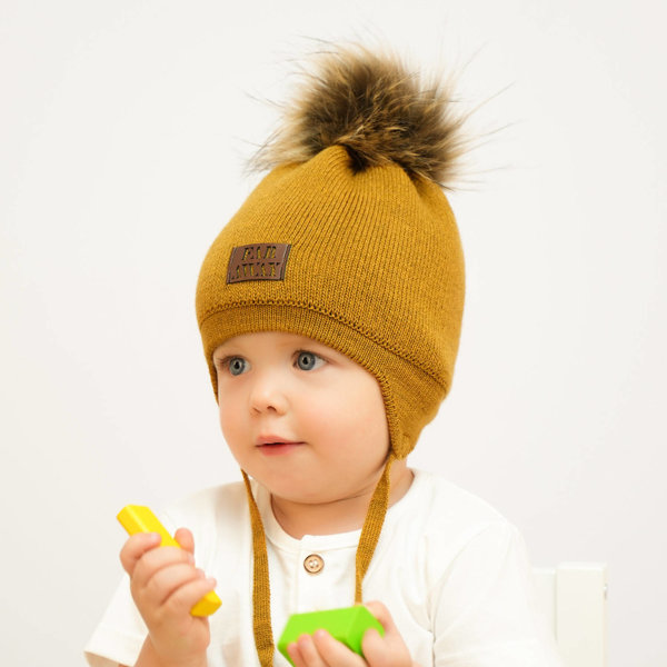 Boy's winter set: hat and tube scarf mustard Druid with pompom