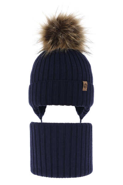 Boy's winter set: hat and tube scarf, navy blue, 100% extra fine merino wool Juno