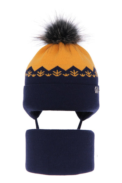 Boy's winter set: hat and tube scarf navy blue Awers with pompom