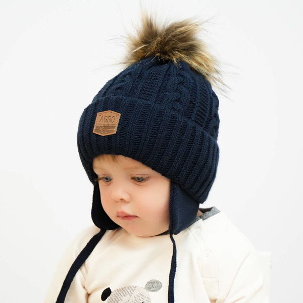 Boy's winter set: hat and tube scarf navy blue Duet with pompom