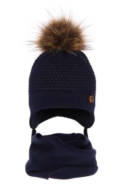 Boy's winter set: hat and tube scarf navy blue Florek with pompom