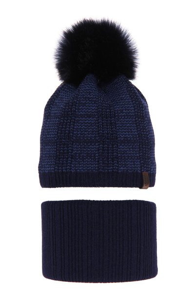 Boy's winter set: hat and tube scarf navy blue Harison with pompom